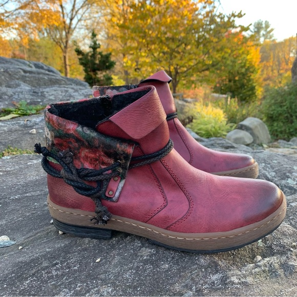 Rieker Z6771-35 Fee 93 Burgundy Red Floral Vegan Foldover Ankle Bootie Boot - Picture 9 of 16